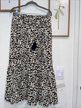 Leopard Print Tiered Midi Skirt - Cream/Tan/Black